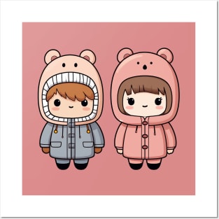 Kawaii boy and girl with cute winter coats Posters and Art